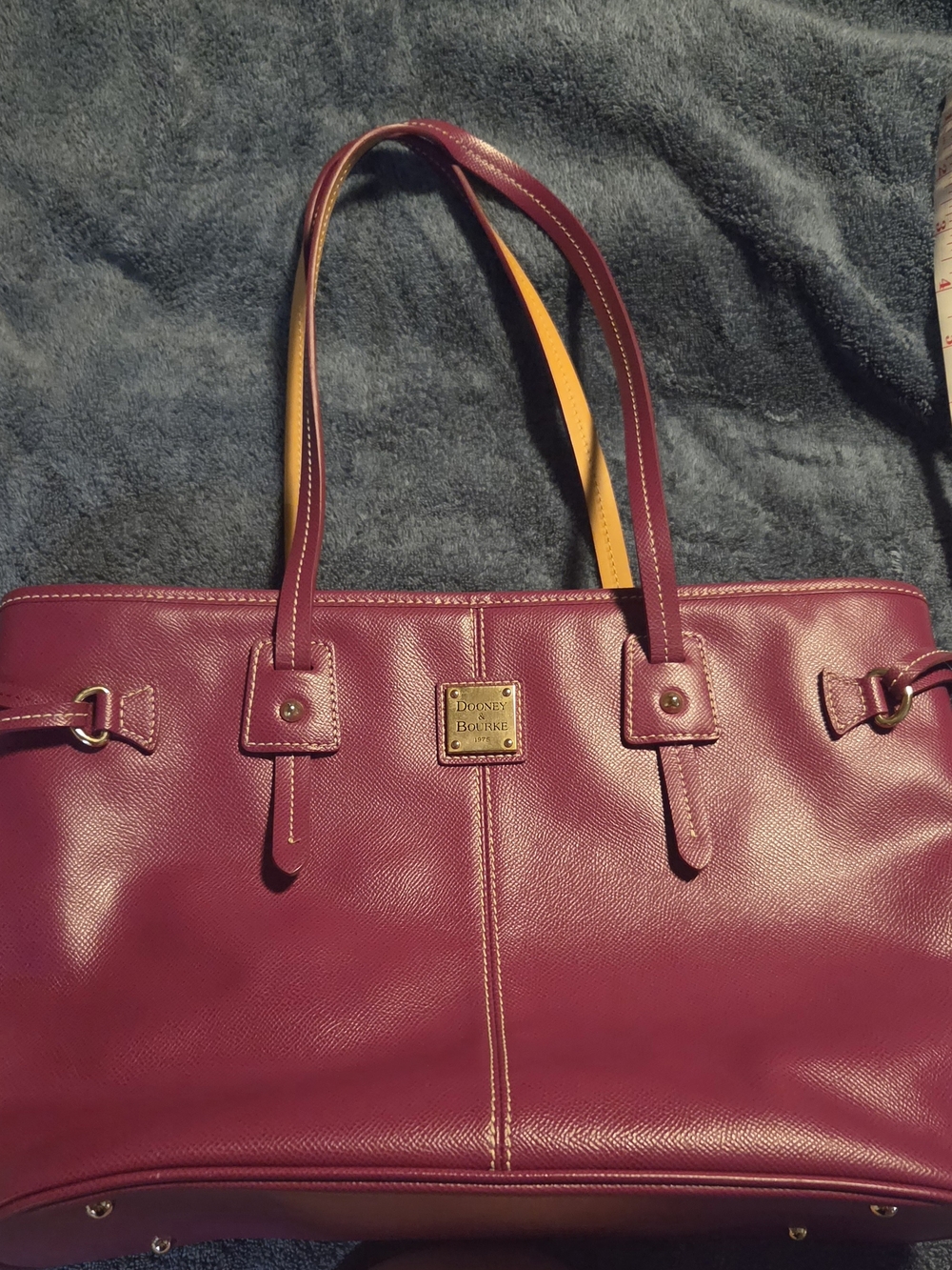 Dooney & Bourke Plum Leather Tote with Yellow-Trim Handles